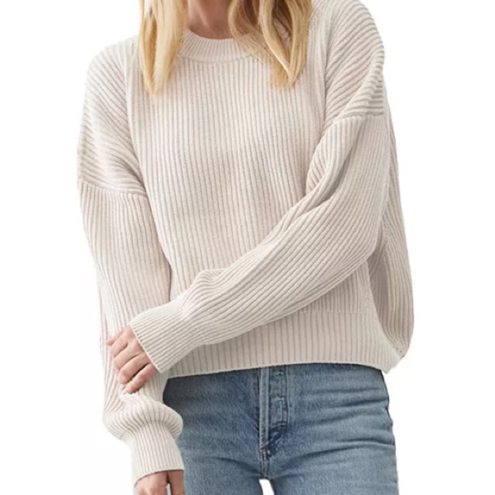 Cream Crew Neck Sweater with Ribbed Knit and Voluminous Sleeves